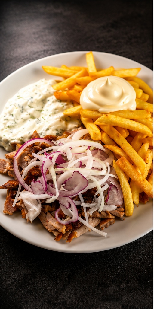 Großer Gyrosteller mit Pommes, Salat und hausgemachtem Tzatziki