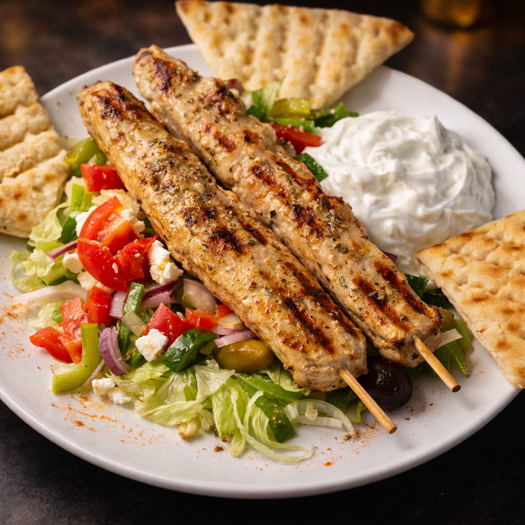 Souvlaki Fleischspieße mit Beilagensalat und Brot